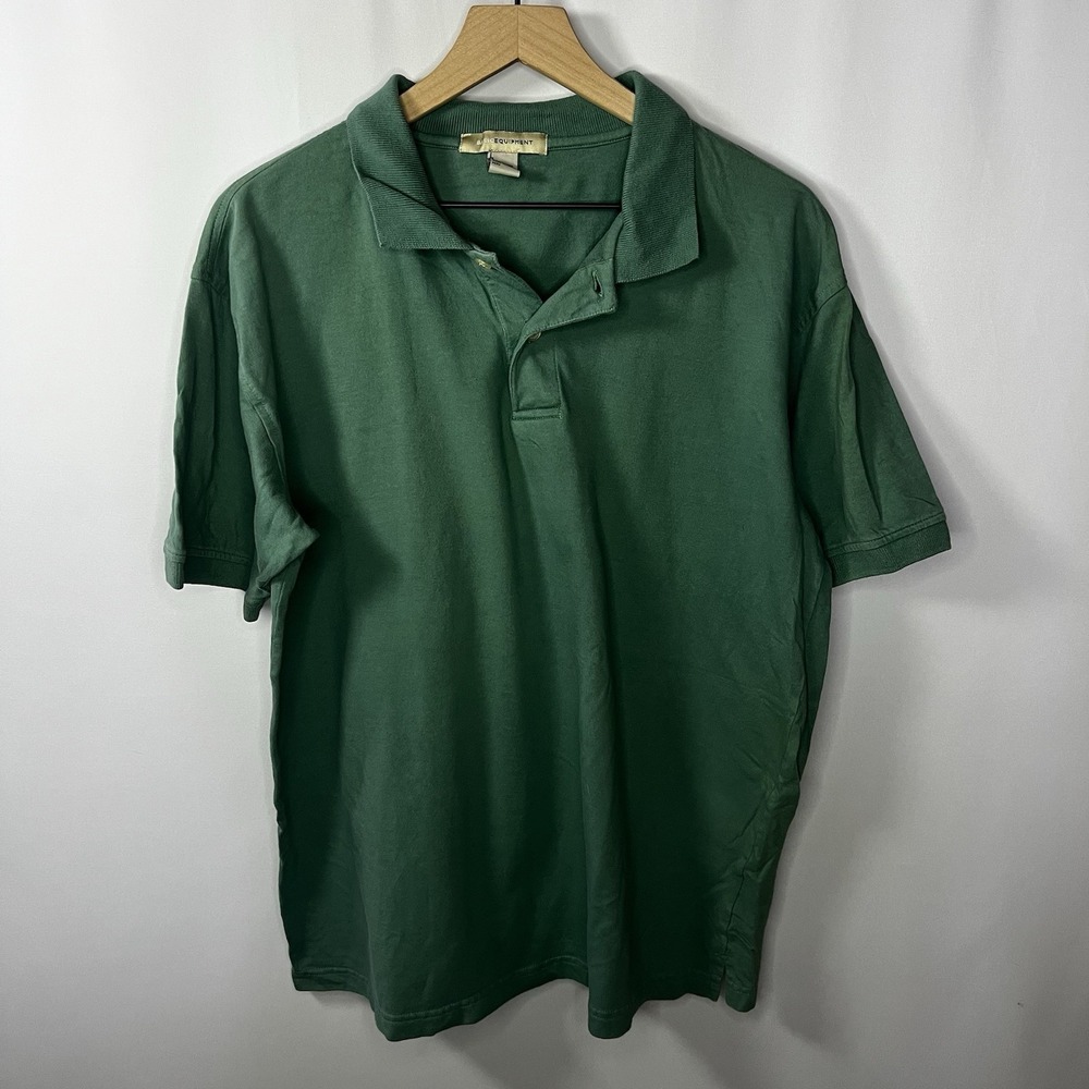 Vtg Basic Equipment Top Men Large Green Cotton Collared Short‎ Sleeve Polo Shirt